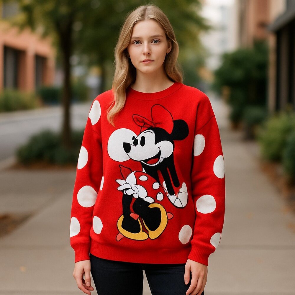 NWT Disney Minnie Mouse Sweater Red White Polka Dots Adults